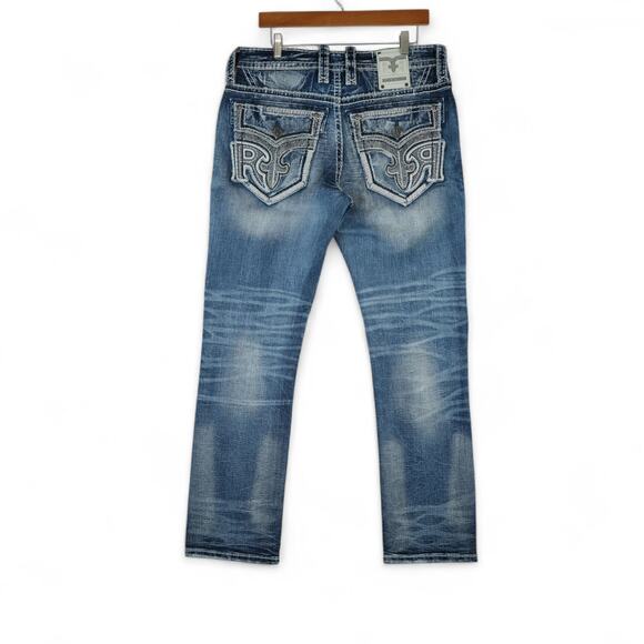 Rock Revival Jeans Mens 33 35x32.5 Blue Baxter Straight Distressed Streetwear - Picture 2 of 13